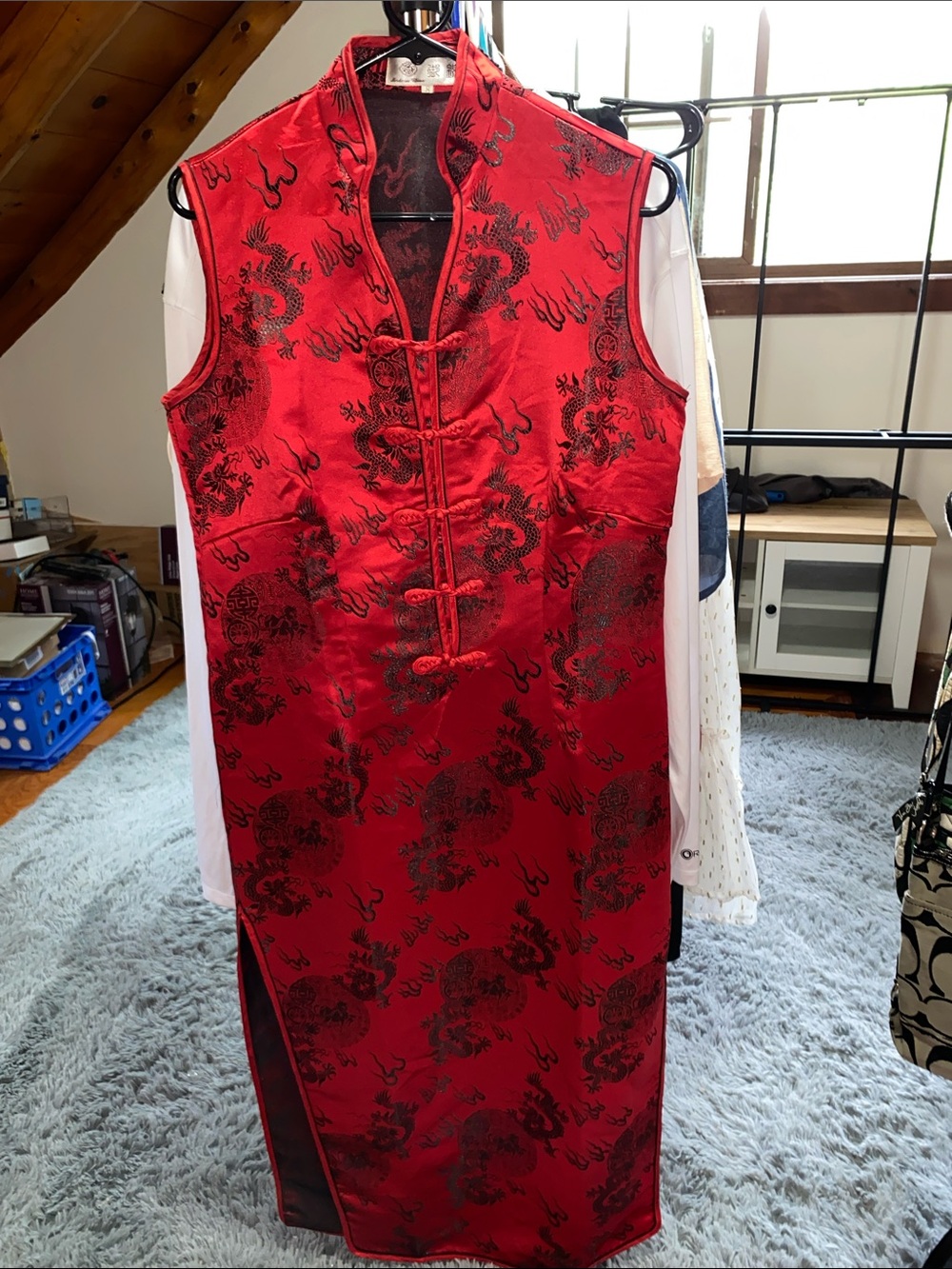 Red Dragon-Print Cheongsam Dress 100 percent silk